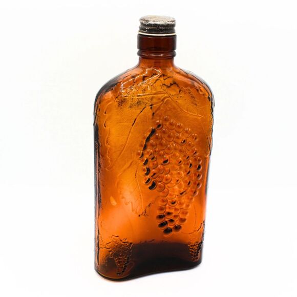 Antique One Pint Brown Wine Oval Glass Bottle Metal Cap Embossed Grape Design - Picture 1 of 6